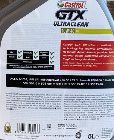 Castrol GTX 10W-40 (Ultraclean) A3/B4 5L